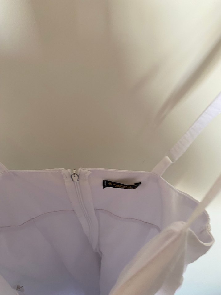 Beyaz Keten Midi Askılı Elbise - Görsel 5