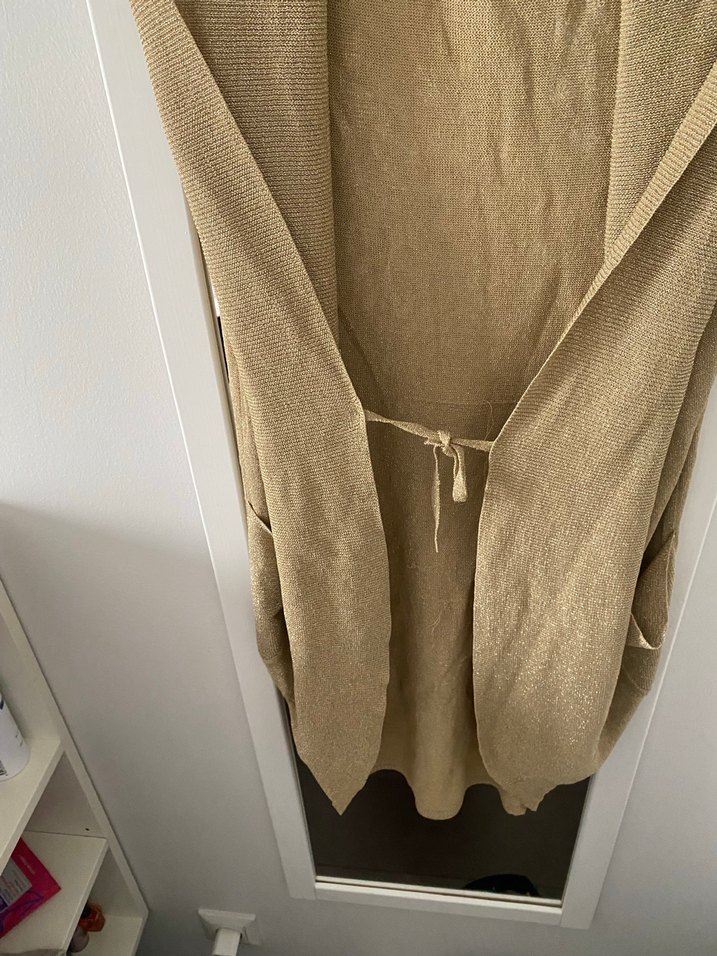 Keten Kumaşlı Kemerli Bej Midi Yelek - Görsel 3