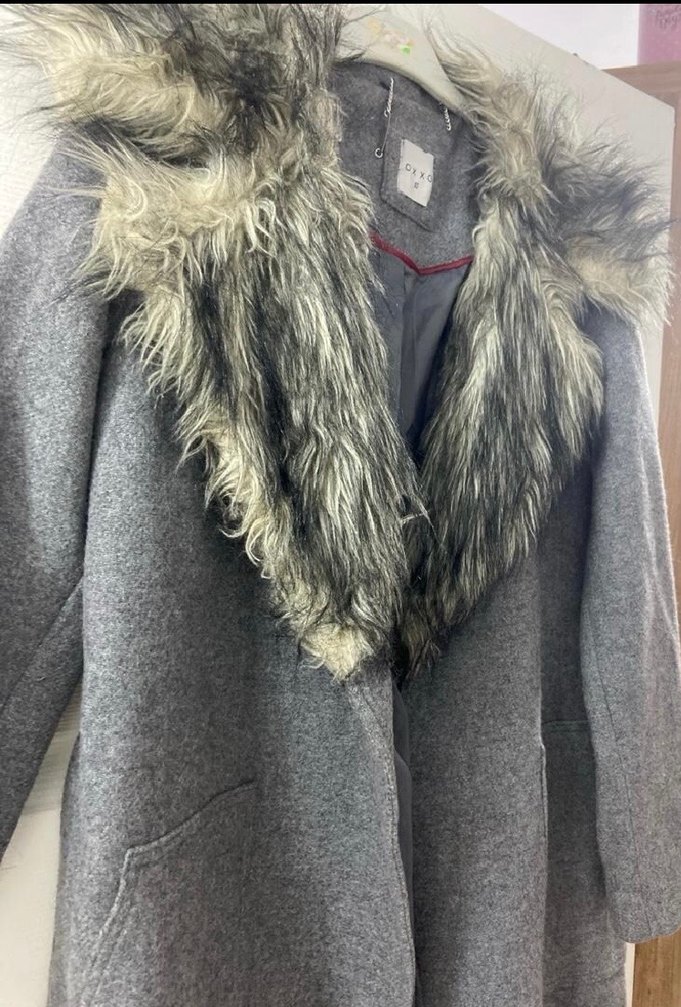 Gri Uzun Kadın Kaban, Kürk Detaylı - Görsel 3