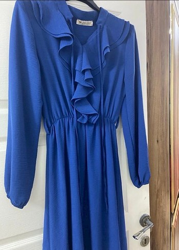 Uzun Kollu Mavi Fırfırlı Uzun Elbise - Görsel 3