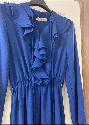 Uzun Kollu Mavi Fırfırlı Uzun Elbise - Görsel 2