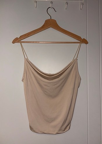 Bej Keten Drapeli İp Askılı Kadın Bluz - Görsel 2