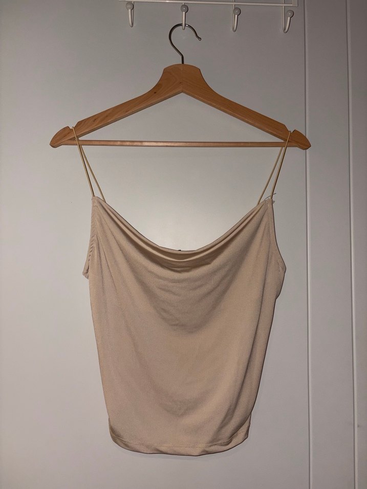 Bej Keten Drapeli İp Askılı Kadın Bluz - Görsel 2