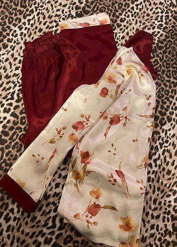 Diğer Bordo Uzun Kollu Bohem Kadın Pijama Takımı