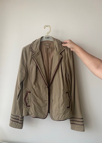 Bej Kadın Keten Ceket, Düğmeli, Normal Boy - Görsel 3