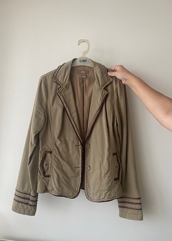 Bej Kadın Keten Ceket, Düğmeli, Normal Boy - Görsel 2