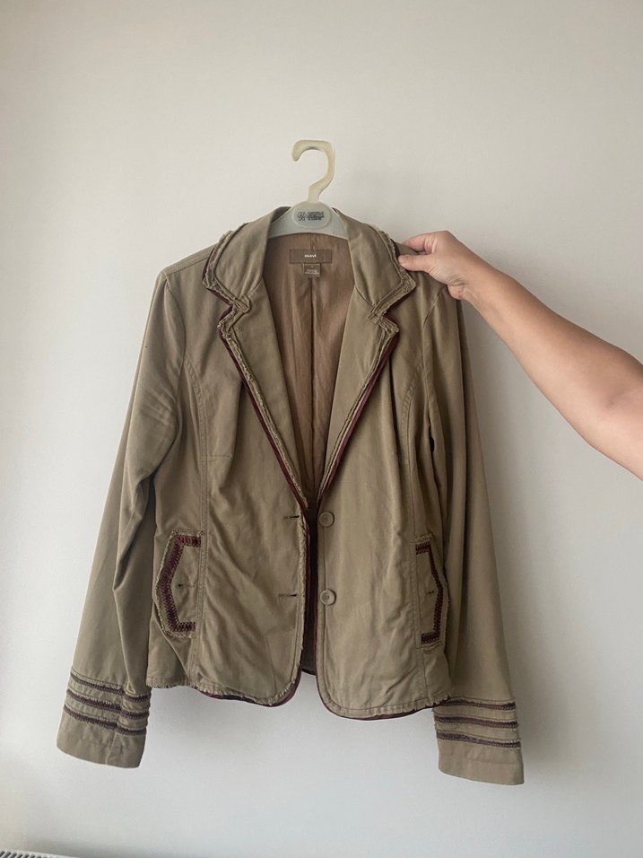 Bej Kadın Keten Ceket, Düğmeli, Normal Boy - Görsel 2