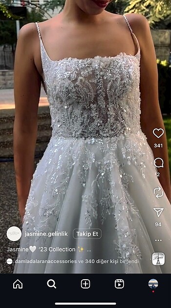 Jasmine kare yaka boncuk işleme A kesim gelinlik