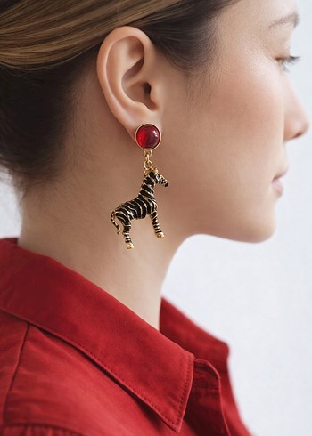 Kırmızı Boncuklu Zebra Figürlü Midi Küpeler - Görsel 3