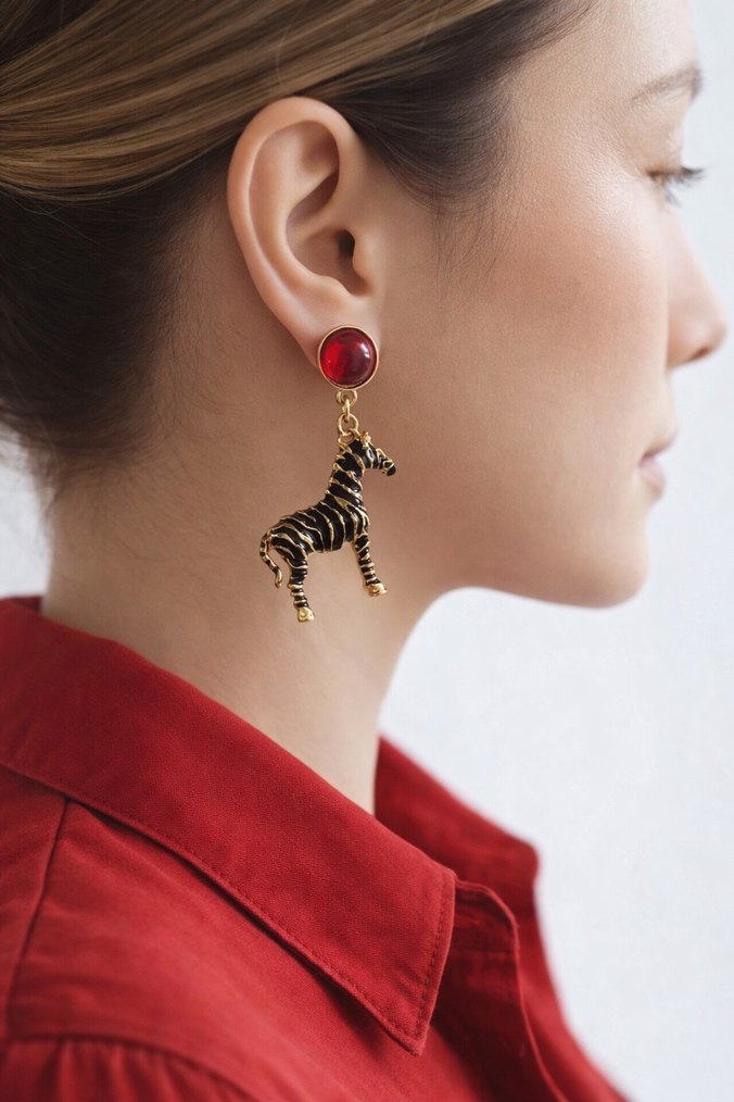 Kırmızı Boncuklu Zebra Figürlü Midi Küpeler - Görsel 3