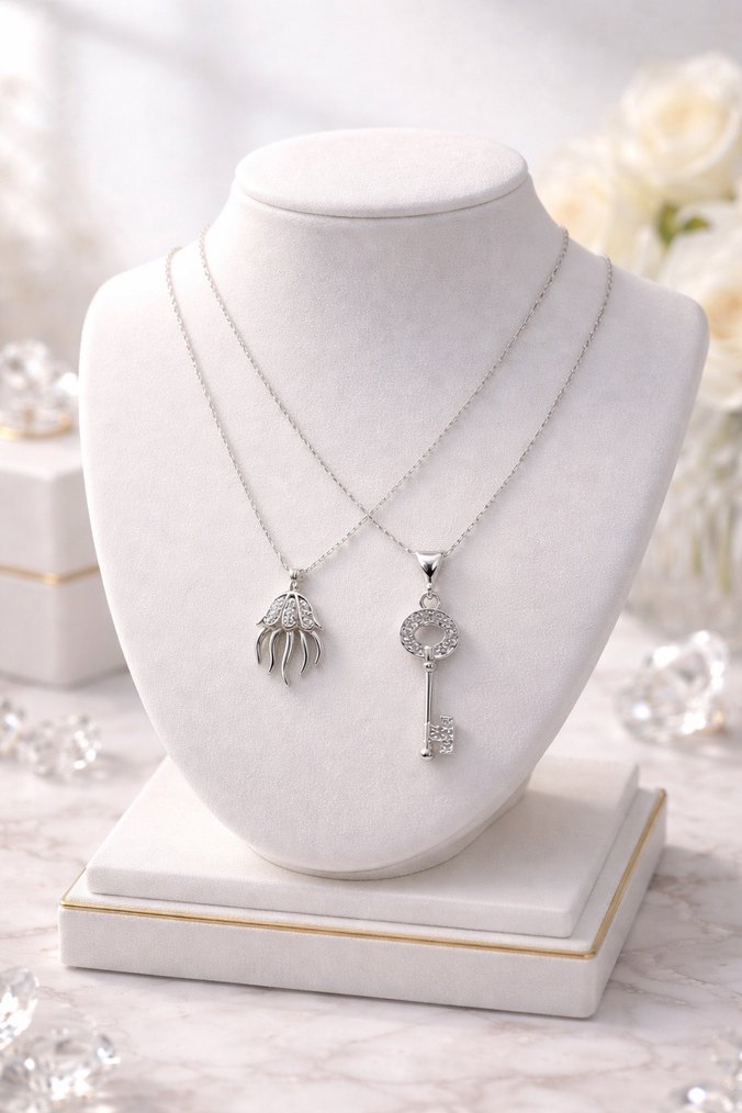 925 ayar gümüşZincir Detaylı Anahtar Kolye - Görsel 3