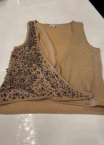 Boncuk İşlemeli Bej V Yaka Kadın Yelek - Görsel 2