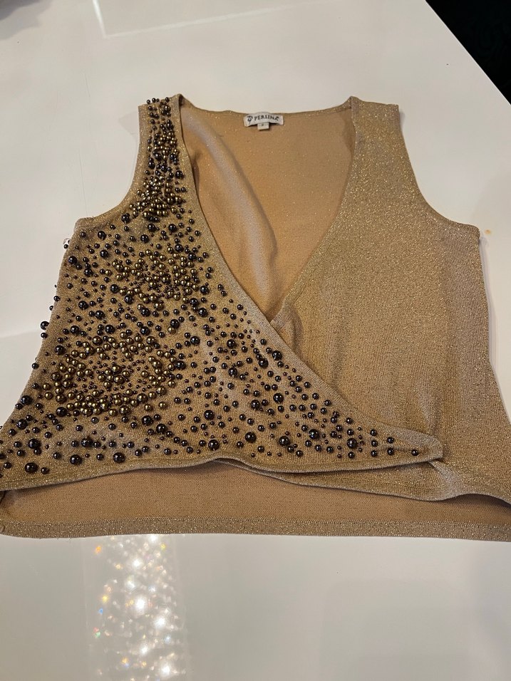 Boncuk İşlemeli Bej V Yaka Kadın Yelek - Görsel 2