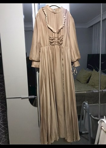 Abiye Bej Vintage Pilili Uzun Keten Elbise