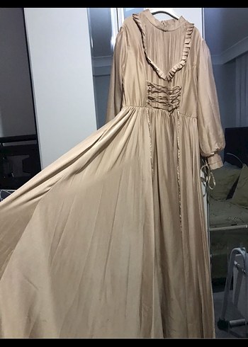 46 Beden Bej Vintage Pilili Uzun Keten Elbise