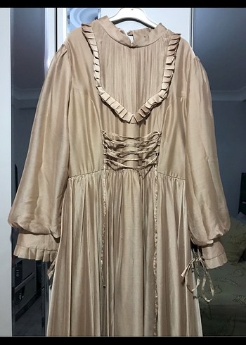 Bej Vintage Pilili Uzun Keten Elbise