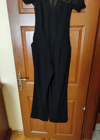 Siyah Dantelli Kısa Kollu Uzun Tulum - Görsel 2