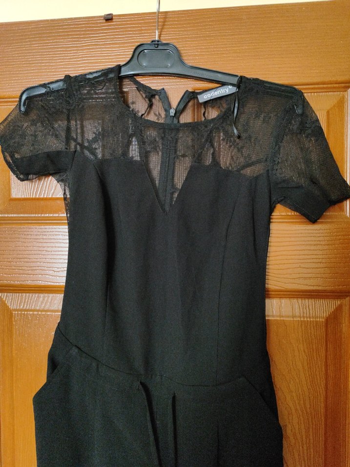 Siyah Dantelli Kısa Kollu Uzun Tulum - Görsel 4