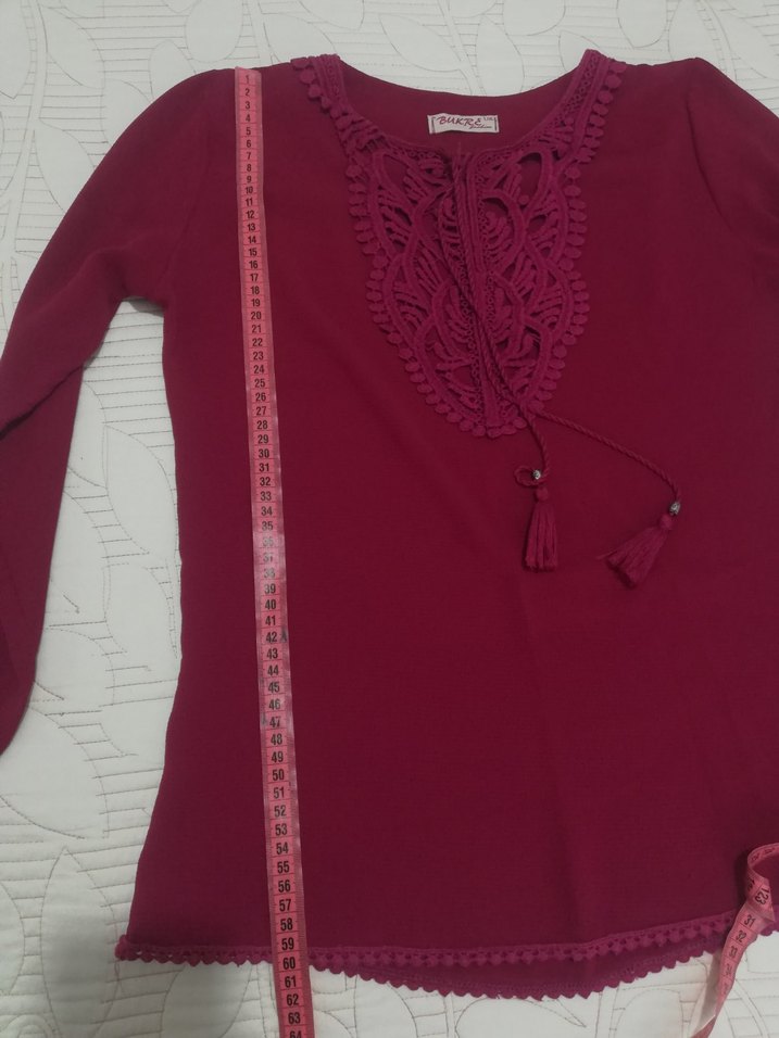 Püsküllü fuşya Bohem Nakışlı Bluz - Görsel 3