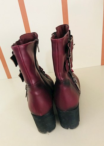 Diğer Bordo Deri Yüksek Topuklu Tokalı Kadın Bot