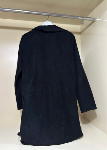 Drapeli Siyah Uzun Kadın Keten Kaban - Görsel 2