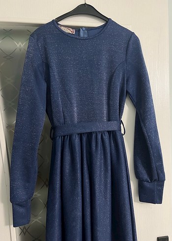 Kemerli Lacivert Uzun Kollu Uzun Elbise - Görsel 2