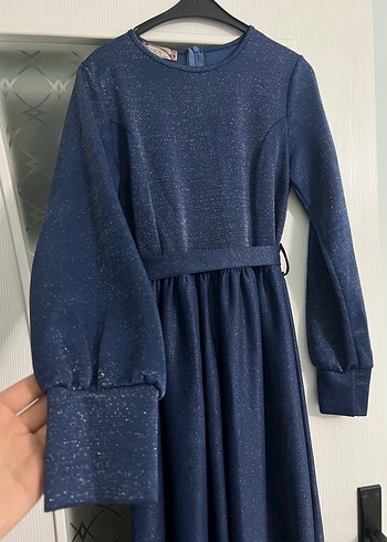 Kemerli Lacivert Uzun Kollu Uzun Elbise - Görsel 3