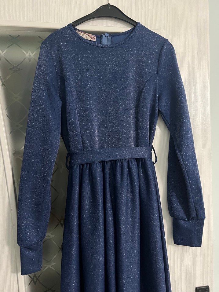 Kemerli Lacivert Uzun Kollu Uzun Elbise - Görsel 2