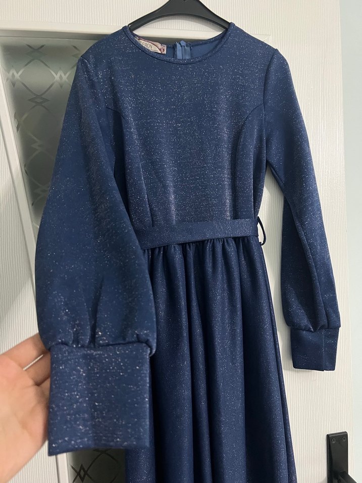 Kemerli Lacivert Uzun Kollu Uzun Elbise - Görsel 3