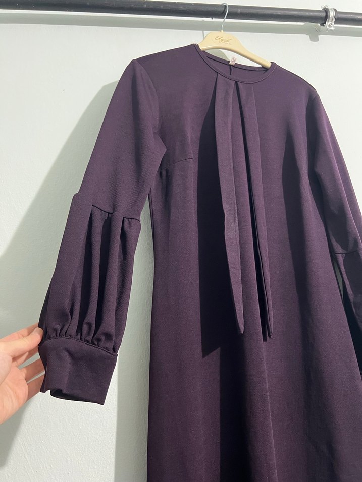 Mor Uzun Kollu Drapeli Kadın Elbise - Görsel 2