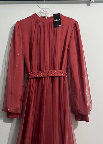 Gül kurusu Uzun Kollu Drapeli Kadın Abiye Elbise - Görsel 2