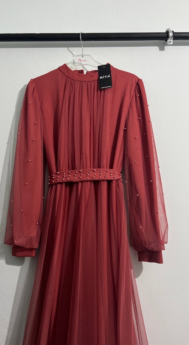 Gül kurusu Uzun Kollu Drapeli Kadın Abiye Elbise - Görsel 2