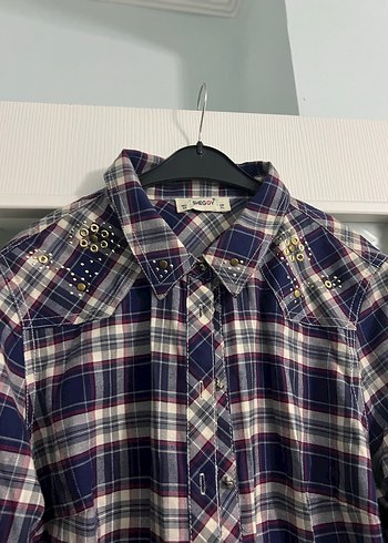 Kadın Lacivert Kareli Düğmeli Gömlek - Görsel 3