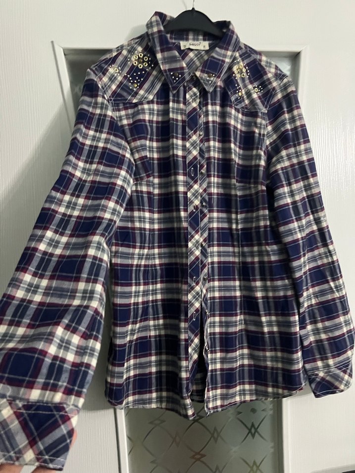 Kadın Lacivert Kareli Düğmeli Gömlek - Görsel 2