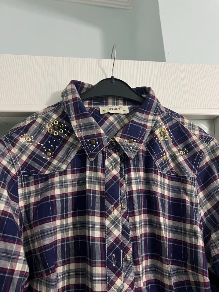 Kadın Lacivert Kareli Düğmeli Gömlek - Görsel 3