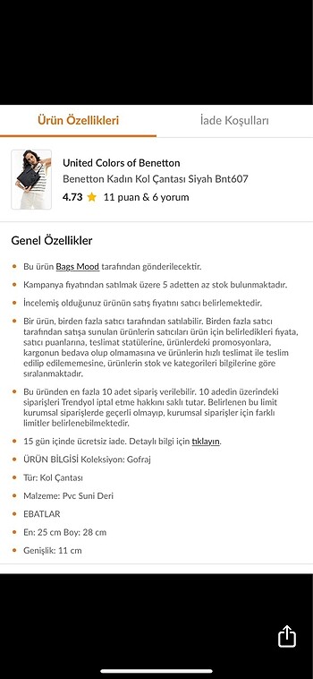  Beden siyah Renk Benetton çanta