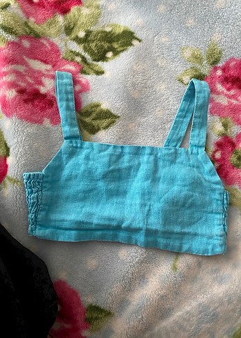 Turkuaz Askılı Keten Crop Top - Görsel 4