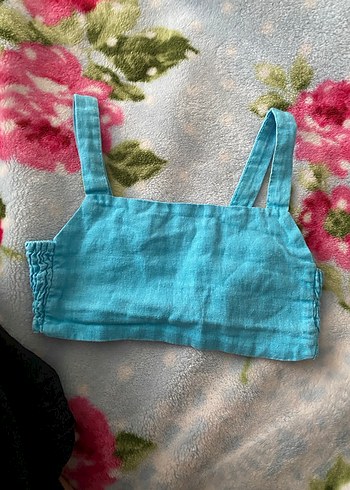 Turkuaz Askılı Keten Crop Top - Görsel 5