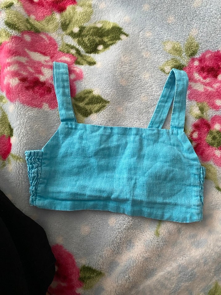 Turkuaz Askılı Keten Crop Top - Görsel 4