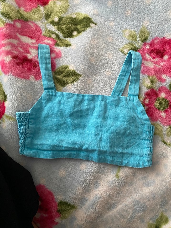 Turkuaz Askılı Keten Crop Top - Görsel 5