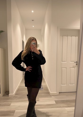 Düğmeli Siyah Mini Deri Elbise - Görsel 2