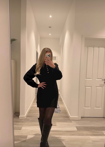 Düğmeli Siyah Mini Deri Elbise - Görsel 3