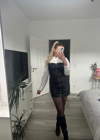 Siyah Deri Midi Transparan Elbise - Görsel 2