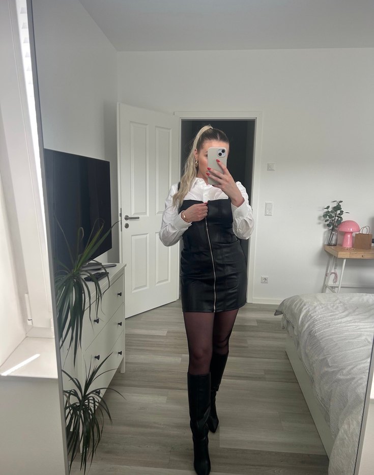 Siyah Deri Midi Transparan Elbise - Görsel 3