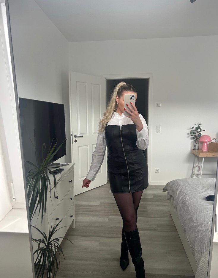 Siyah Deri Midi Transparan Elbise - Görsel 2