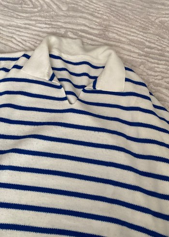 Mavi Çizgili Pamuklu Örgü Kadın Kazak - Görsel 2