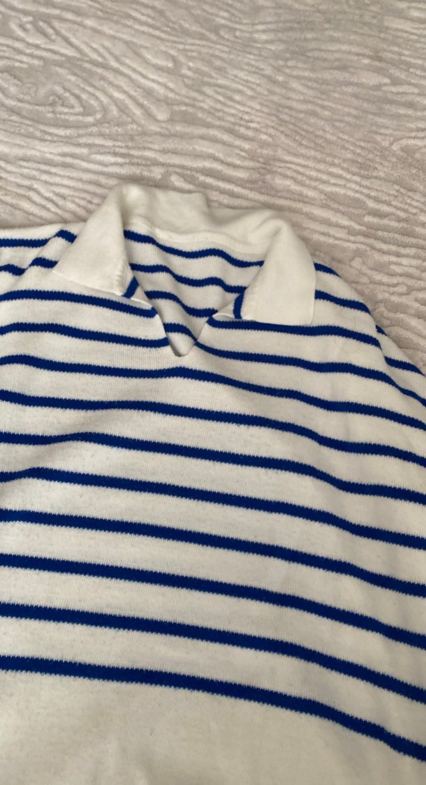 Mavi Çizgili Pamuklu Örgü Kadın Kazak - Görsel 2