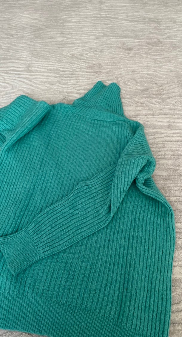 Turkuaz Kısa Kollu Triko Boğazlı Kadın Kazak - Görsel 2