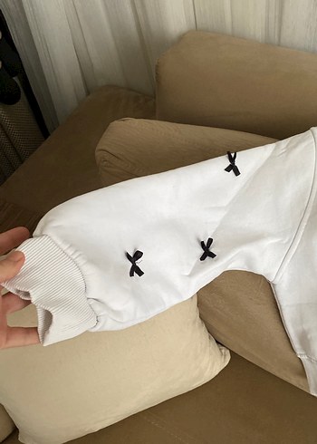 Kadın Beyaz Uzun Kollu Rahat crop Sweatshirt - Görsel 4