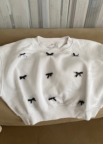 Kadın Beyaz Uzun Kollu Rahat crop Sweatshirt - Görsel 6